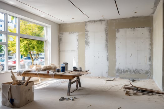 Renovation and modernization with flattened drywall walls in a condo room. Generative AI photo