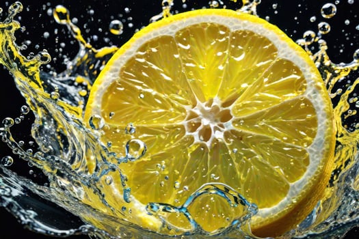 lemons and its slices falling into water and splashing. Generative AI photo