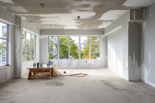 Renovation and modernization with flattened drywall walls in a condo room. Generative AI photo