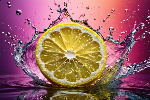 lemons and its slices falling into water and splashing. Generative AI photo