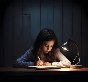 Modern girl learn at the table with the monitor. Minimalism. High quality. AI Generative photo