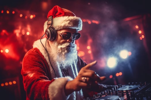 A lively Christmas party featuring Santa Claus as the DJ in a festive outfit, mixing tracks on a DJ mixer. The party is filled with energy and holiday cheer. Generative AI photo