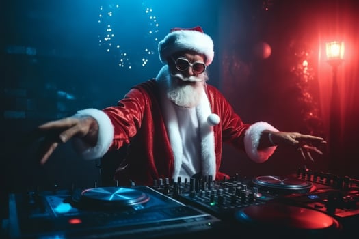 A lively Christmas party featuring Santa Claus as the DJ in a festive outfit, mixing tracks on a DJ mixer. The party is filled with energy and holiday cheer. Generative AI photo