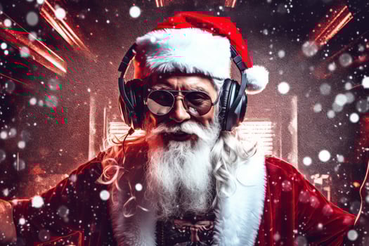 A lively and festive Christmas party with a Santa Claus DJ wearing headphones and glasses. He is standing behind a DJ mixer playing music. Red background, with a yellow light shining. Generative AI photo