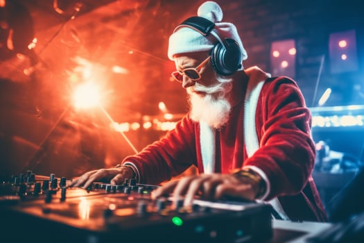 A lively Christmas party featuring Santa Claus as the DJ in a festive outfit, mixing tracks on a DJ mixer. The party is filled with energy and holiday cheer. Generative AI photo