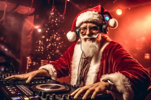 A lively and festive Christmas party with a Santa Claus DJ wearing headphones and glasses. He is standing behind a DJ mixer playing music. Red background, with a yellow light shining. Generative AI photo