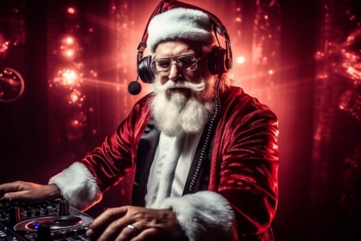 A lively and festive Christmas party with a Santa Claus DJ wearing headphones and glasses. He is standing behind a DJ mixer playing music. Red background, with a yellow light shining. Generative AI photo