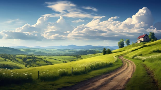 Beautiful rural landscape. Rural road in the field at sunset. photo
