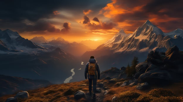 Traveler looking at the sunset over the mountains. photo