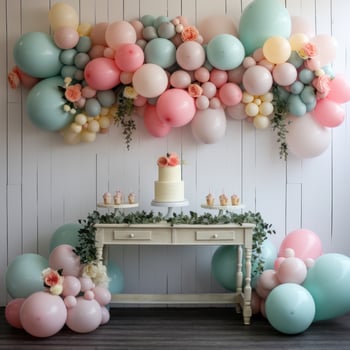 Pastel balloon garland with flowers and greenery photo