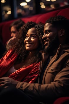 Woman cuddles with man while watching a movie. photo