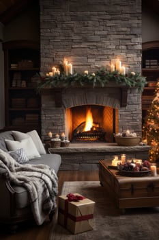 Cozy living room with Christmas tree, stockings, and fire crackling. photo