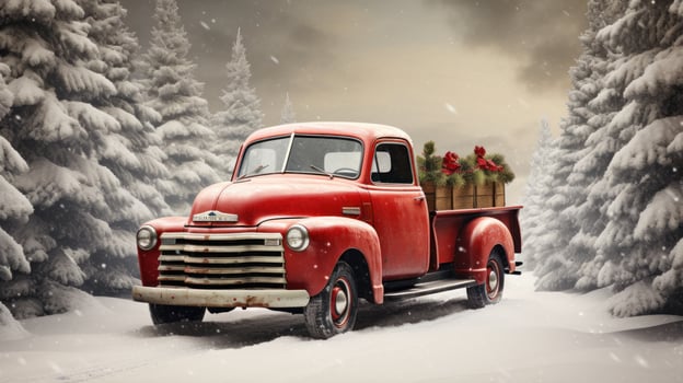 Vintage red truck with Christmas tree in snowy landscape photo