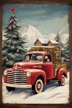 Rustic wooden sign with Merry Christmas and red truck illustration photo