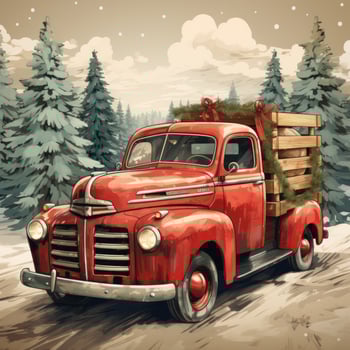 Rustic wooden sign with Merry Christmas and red truck illustration photo