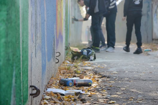 KHARKOV, UKRAINE - OCTOBER 19, 2019 Dope used spray cans for graffiti painting outdoors in autumn leafs and artist in painting process photo