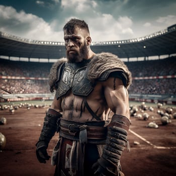Modern Viking Gladiator at an American Football Stadium. Generative ai. photo