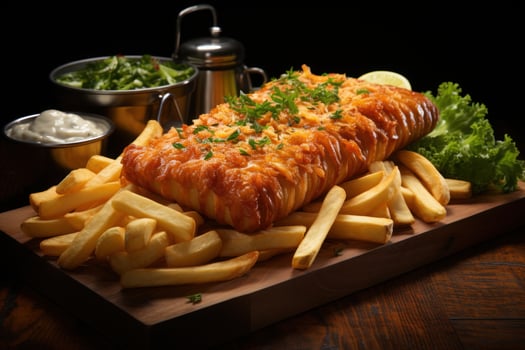Fish and chips dish in a wicker basket on a wooden table. Generative AI photo