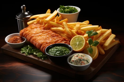 Fish and chips dish in a wicker basket on a wooden table. Generative AI photo