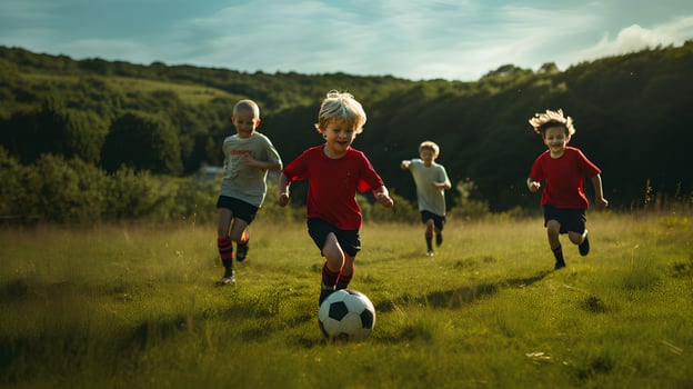 A boy was playing football in the grass outside. happily.created by generative AI photo