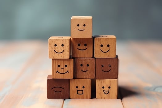 A wooden block label with happy smile relax face good feedback customer. World mental health day concept by AI Generated photo