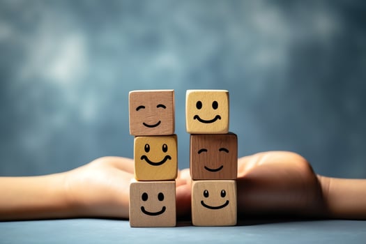 A wooden block label with happy smile relax face good feedback customer. World mental health day concept by AI Generated photo