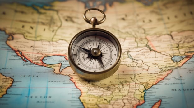 Magnetic compass and location marking on world map for adventure and travel concept. Generative AI photo