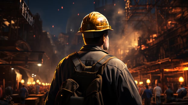 Oil refinery engineer, oil industry worker stands in front of a large chemical plant photo