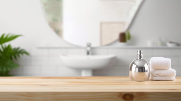 Empty Wood Tabletop on Blur Bathroom Background, Layout for Product Display Montage. created with Generative AI photo