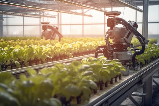Smart Robotic Farmers Revolutionizing Agriculture. created with Generative AI photo