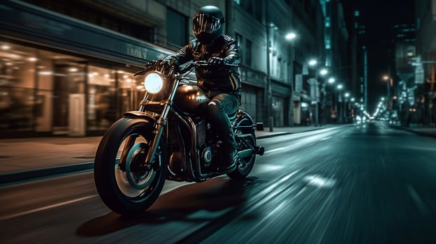 High-speed motorcycle rider racing through a beautiful city at night. created with Generative AI photo