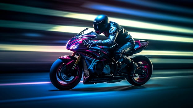 Mad Rider on a Motorcycle Racing at High Speed on Modern Racetrack. created with Generative AI photo