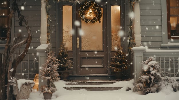 Generative AI, House front in the winter with Christmas decoration, wreath and garland. Snow cosy season photo