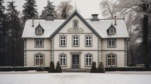 Generative AI, House front in the winter with Christmas decoration, wreath and garland. Snow cosy season photo