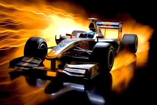 Fast racing car and pilot in formula one champion competitions with speed and flame. Motorsport car concept by AI Generated photo