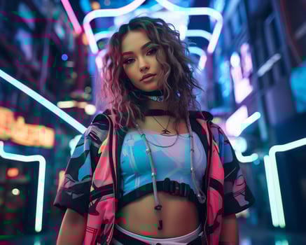 A photo of a girl in a neon-lit cyberpunk attire in a futuristic cityscape at night AI Generative
