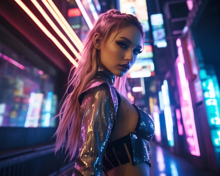 A photo of a girl in a neon-lit cyberpunk attire in a futuristic cityscape at night AI Generative