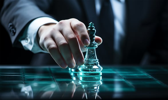 businessman's hand expertly maneuvering a chess piece on a detailed chess board. AI Generated photo