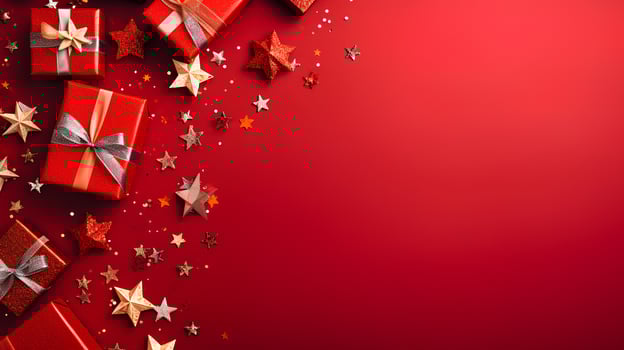 AI Generative.Gift boxes and Christmas decorations on red background, flat lay. Space for text photo
