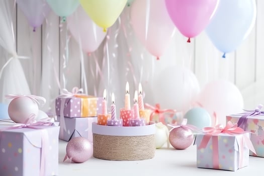 Festive birthday party decorations on table with cake, present boxes and balloons on pastel color concept by AI Generated photo