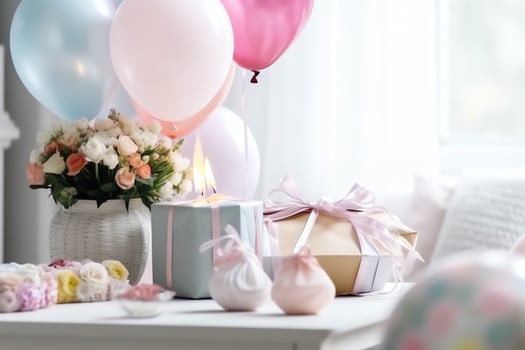 Festive birthday party decorations on table with cake, present boxes and balloons on pastel color concept by AI Generated photo