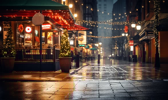 city street immersed in the enchanting glow of festive lights on a Christmas night. AI Generated photo