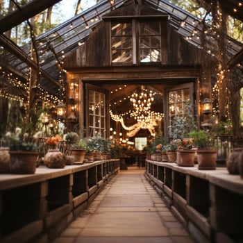 Rustic barn venue adorned with string lights and greenery photo