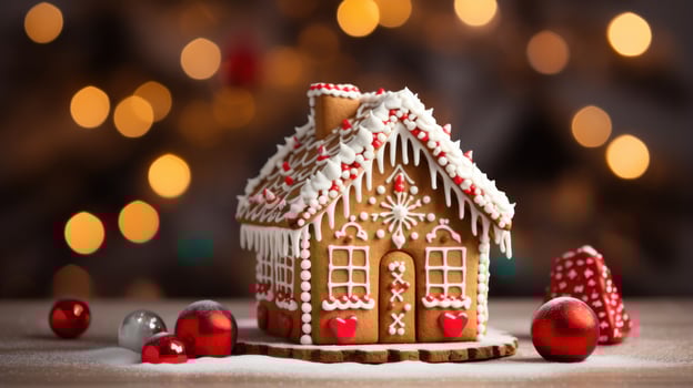 Festive gingerbread house with candy canes and icing decorations photo
