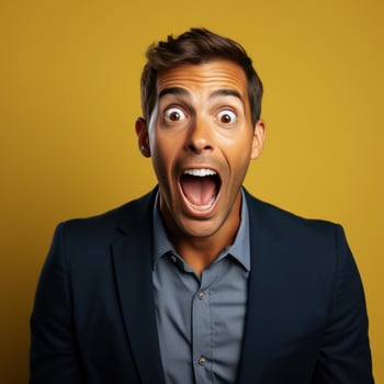 Excited and Surprised Young manager expresses his excitement and surprise by opening his eyes and mouth wide photo