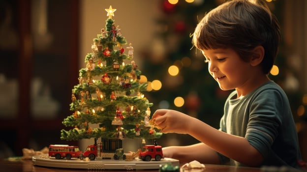 child plays with toy train sitteng ubder christma tree photo