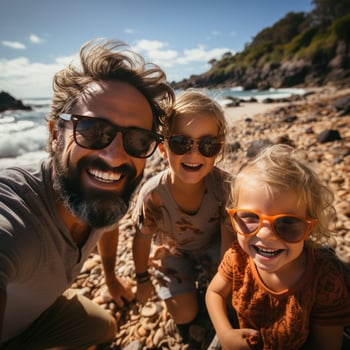 Excited family taking a group selfie on the shore photo