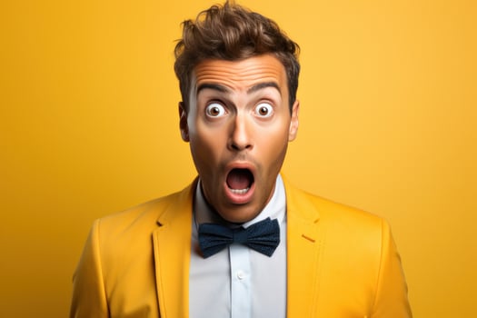 Excited and Surprised Young manager expresses his excitement and surprise by opening his eyes and mouth wide photo