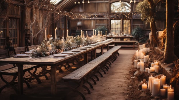 Rustic barn venue adorned with string lights and greenery photo