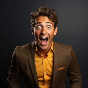 Excited and Surprised Young manager expresses his excitement and surprise by opening his eyes and mouth wide photo